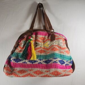 Aldo Woven Geometric Satchel Bag Multi Color Boho Tassel Handbag Brown Trim